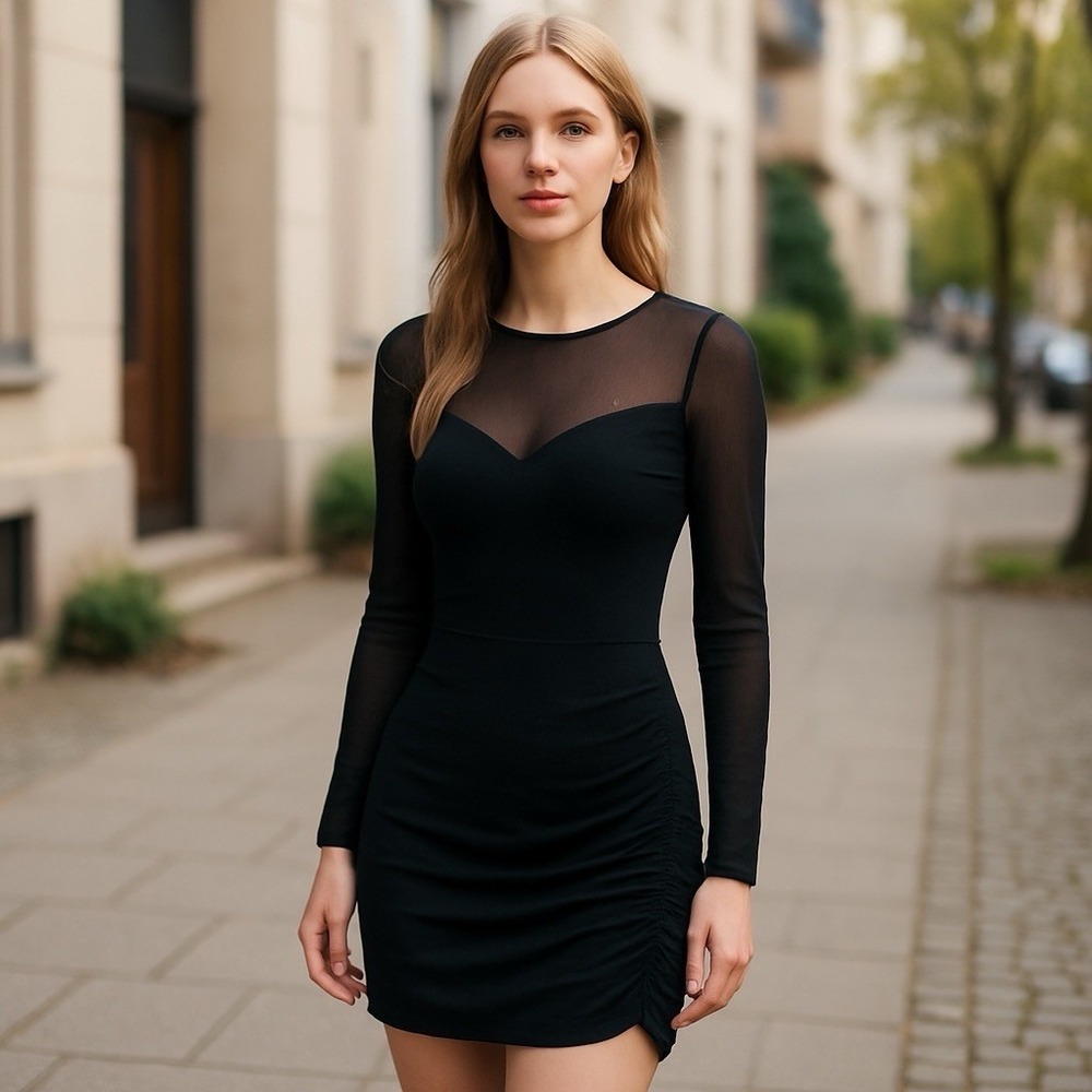 Windsor Fitted Dress Womens Small Black Mesh Bodycon Ruching Party  long sleeves
